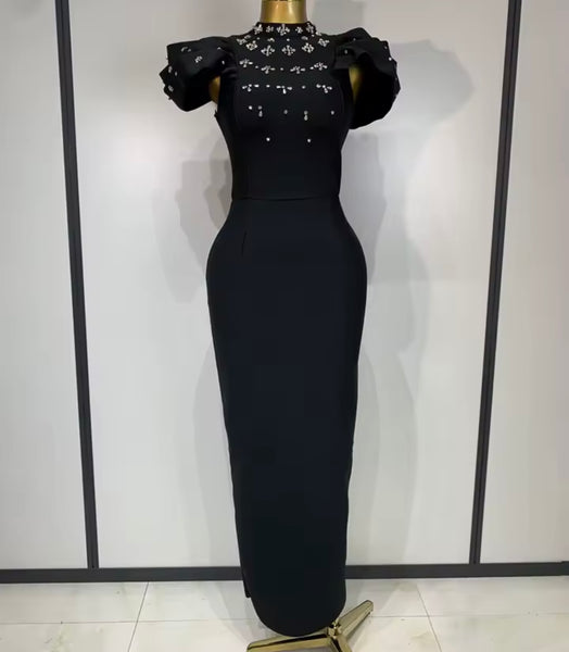 Women Elegant Crystal Patchwork Short Sleeve Maxi Dress