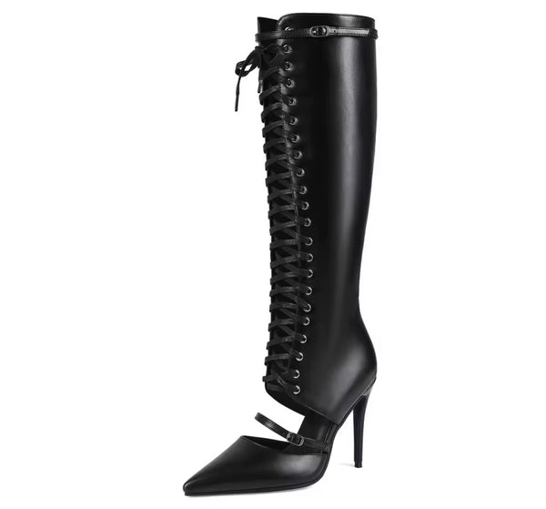Women Fashion Black Pointed Toe Buckled Lace Up Knee High Boots