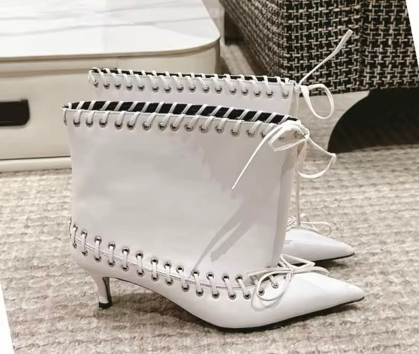 Women Fashion Metal Grommets Pointed Toe Kitten Heel Ankle Boots