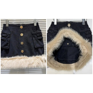 Women Fashion Button Up Faux Fur Patchwork Denim Skirt