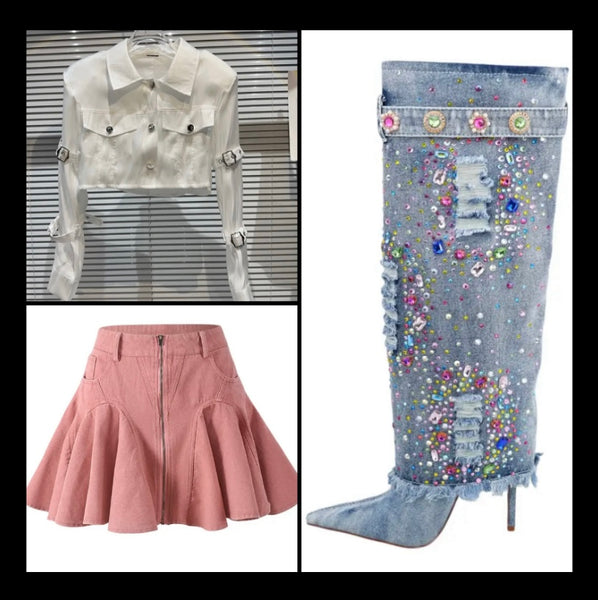 Women Sexy Pink Pleated Denim Skirt