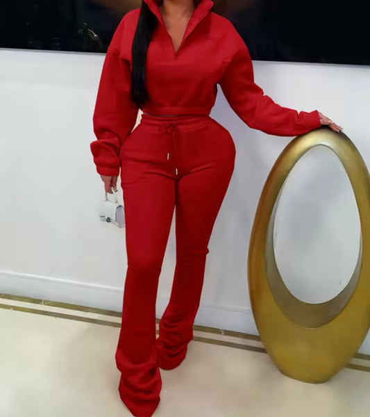 Women Fashion Zip Up Full Sleeve Crop Sweater Two Piece Pant Set