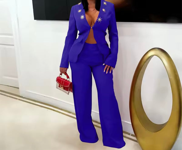 Women Sexy Color Full Sleeve Blazer Two Piece Pant Set