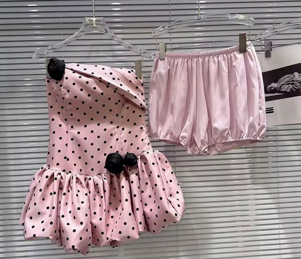 Women Sexy Strapless Polka Dot Elastic Shorts Dress Set