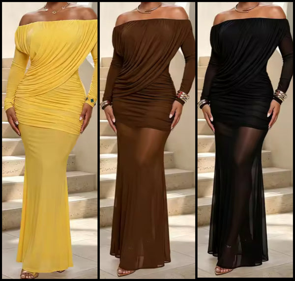 Women Sexy Off The Shoulder Full Sleeve Ruched Mesh Maxi Dress