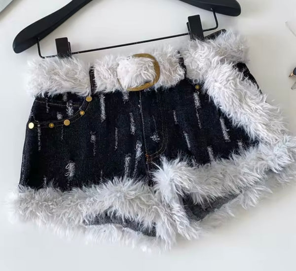 Women Fashion Ripped Faux Fur Patchwork Denim Shorts