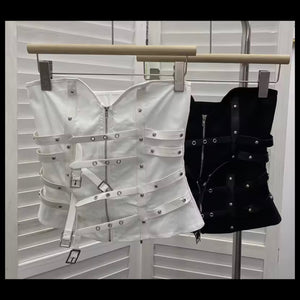 Women Strapless Zip Up Buckled Rivet Corset Top