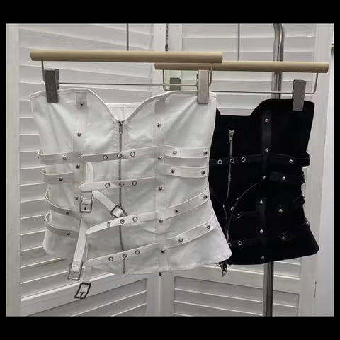 Women Strapless Zip Up Buckled Rivet Corset Top