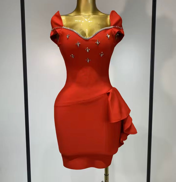 Women Elegant Sleeveless Rhinestone Ruffle Dress