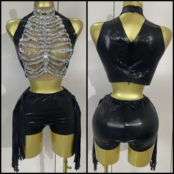 Women Sexy Sleeveless Crystal PU Two Piece Short Set