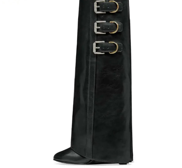 Women Fashion Faux Leather Buckled Wedge Knee High Boots