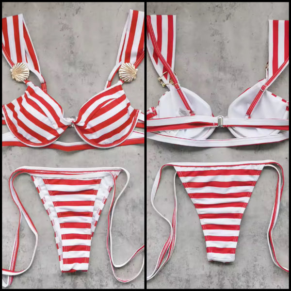 Women Sexy Red/White Striped Bikini Swimsuit