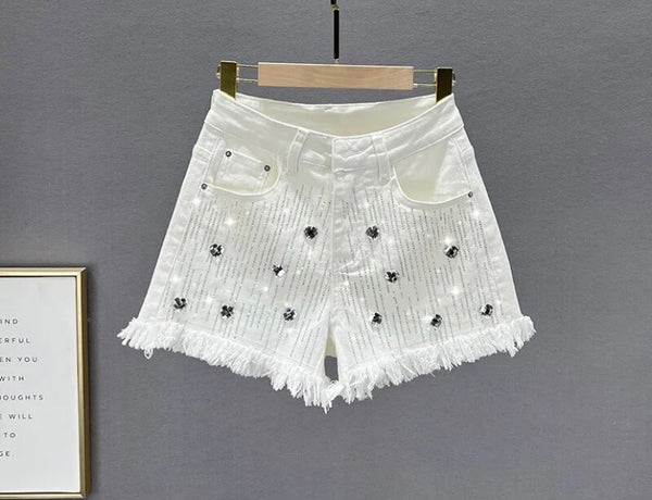 Women Fashion Fringe Heart Bling Denim Shorts