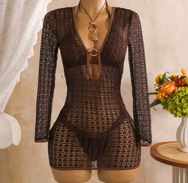 Women Sexy Halter Bikini Mesh Dress Cover Up Set