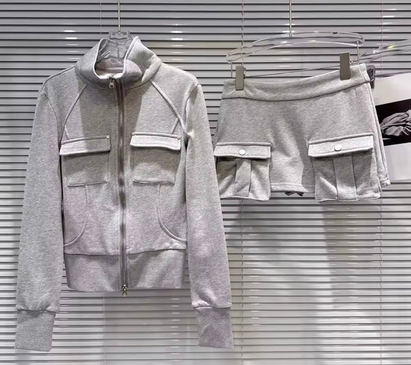 Women Gray Pocket Zip Up Fashion Two Piece Skirt Set