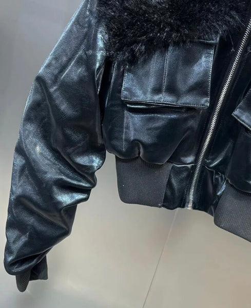 Women Fashion Faux Fur Patchwork Pocket Zipper Jacket