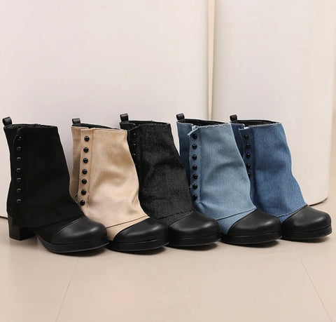 Women Fashion Button Denim Ankle Boots