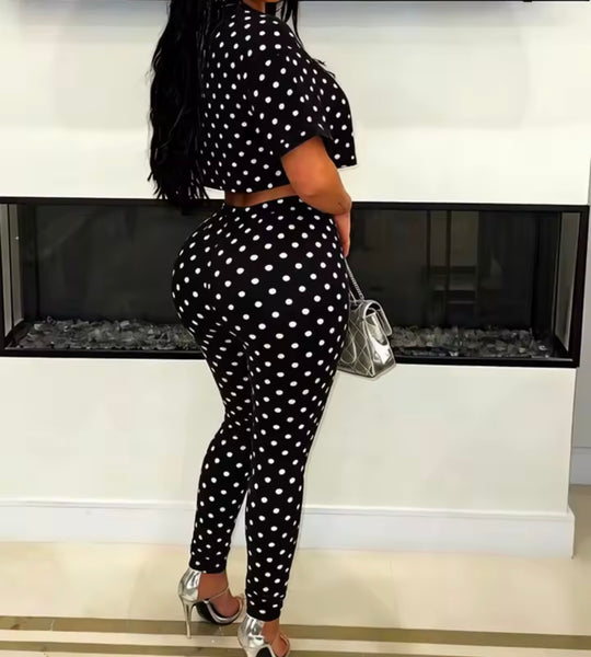Women Polka Dot Safety Pin Crop Fashion Two Piece Pant Set
