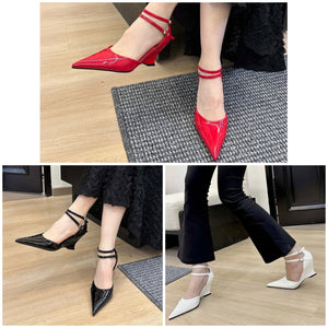 Women Pointed Toe Patent Leather Platform Ankle Strap Heels