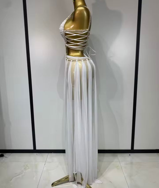 Women Sexy Sleeveless Chain Lace Up Mesh Maxi Dress
