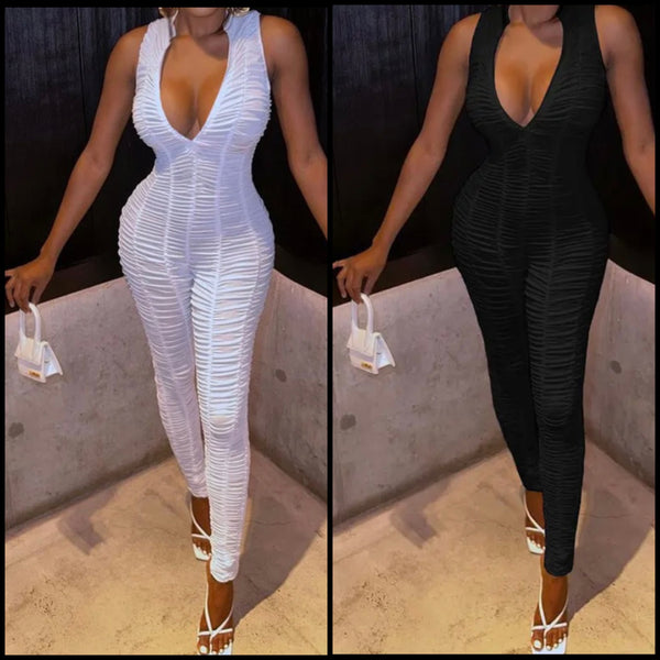 Women Sexy Sleeveless Ruched Solid Color Jumpsuit