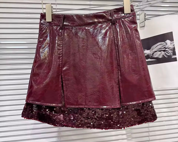 Women Sexy Full Sleeve Two Piece Sequins PU Leather Skirt Set