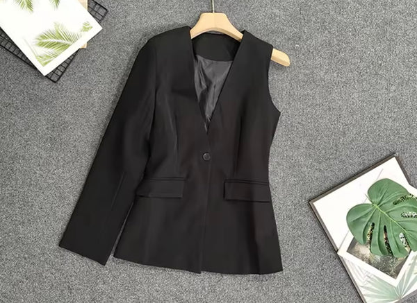 Women Black One Shoulder Blazer Fashion Two Piece Wrap Pant Set