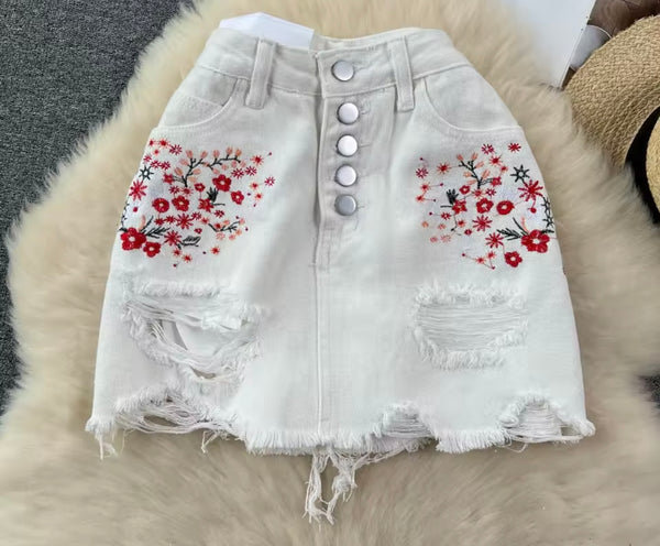 Women Fashion Embroidered Floral Ripped Denim Skirt