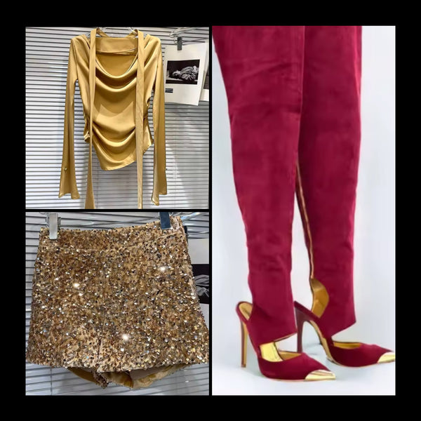 Women Burgundy Suede Over The Knee Gold High Heel Boots