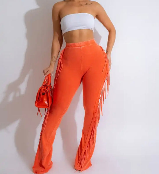 Women Fashion Solid Color Fringe Pants