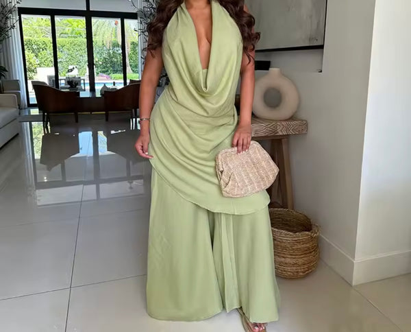 Women Sexy Halter Draped Sleeveless Two Piece Pant Set