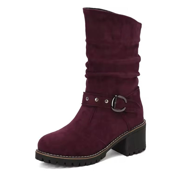 Women Fashion Suede Ruched Buckled Ankle Boots