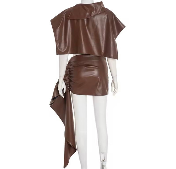 Women Faux Leather Irregular Crop Two Piece Skirt Set