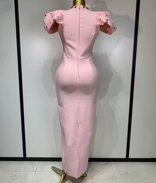 Women Elegant Crystal Patchwork Short Sleeve Maxi Dress