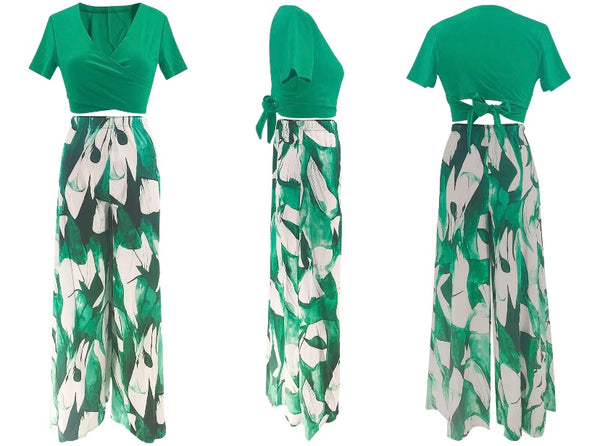 Women Short Sleeve Crop Two Piece Printed Fashion Pant Set