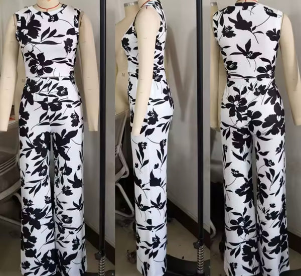 Women Sleeveless Color Floral Print Two Piece Pant Set