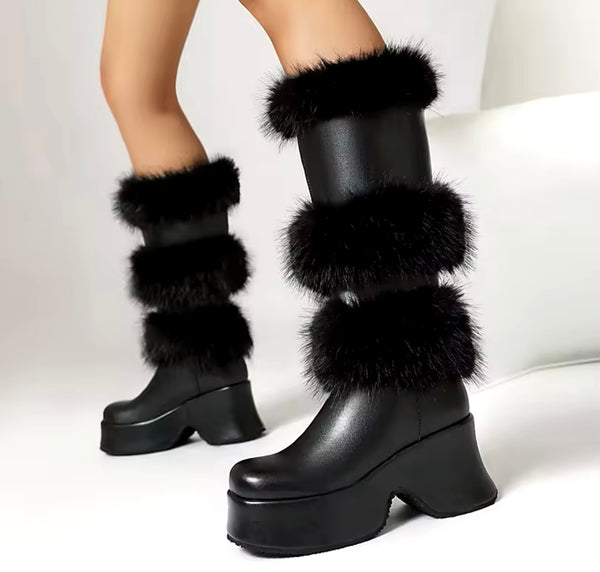 Women Fashion Platform Fur Patchwork Knee High Boots