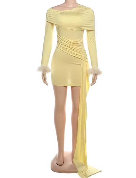 Women Sexy Yellow Feather Full Sleeve Ruched Dress