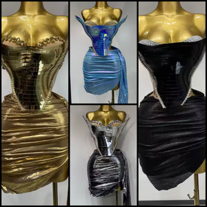 Women Sexy Strapless Rhinestone  Acrylic Two Piece Skirt Set