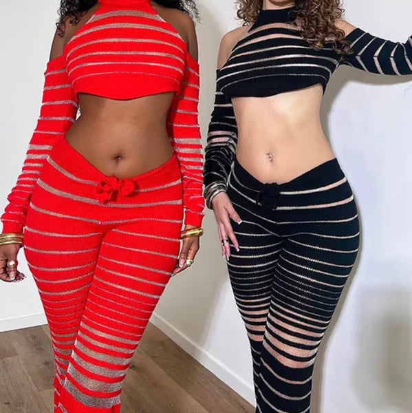 Women Fashion Full Sleeve Mesh Patchwork Two Piece Pant Set