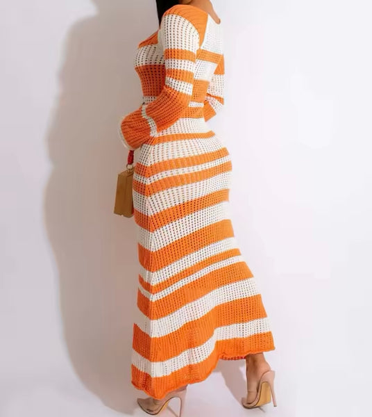 Women Sexy Color Patchwork Striped Knitted Maxi Dress