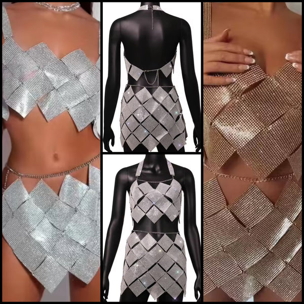 Women Sexy Halter Sleeveless Open Back Bling Two Piece Skirt Set