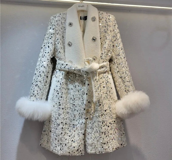 Women Warm Fashion Faux Fur Patchwork Crystal Sequins Trench Jacket