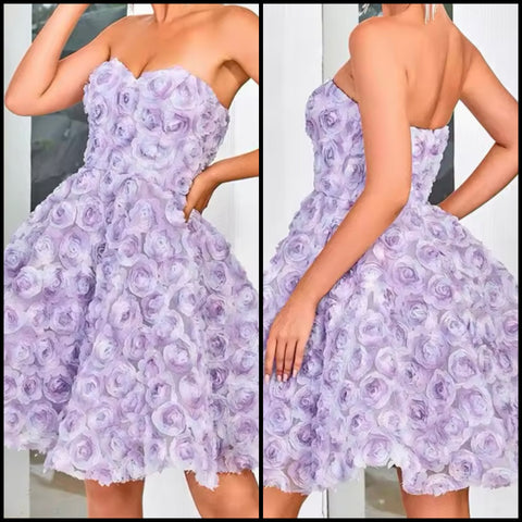 Women Sexy Strapless Purple Floral Dress