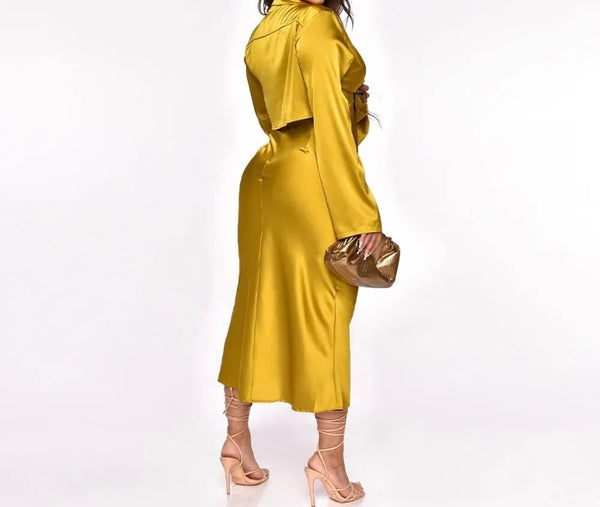 Women Satin Sexy Full Sleeve Two Piece Maxi Skirt Set