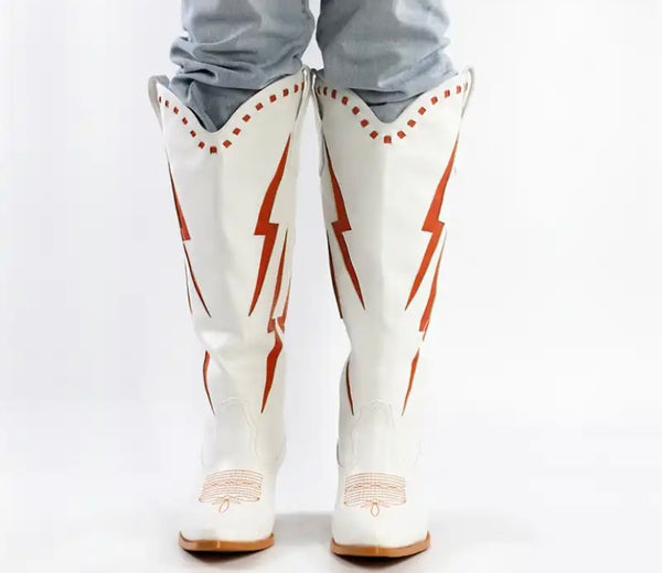 Women Fashion White Color Patchwork Knee High Western Boots