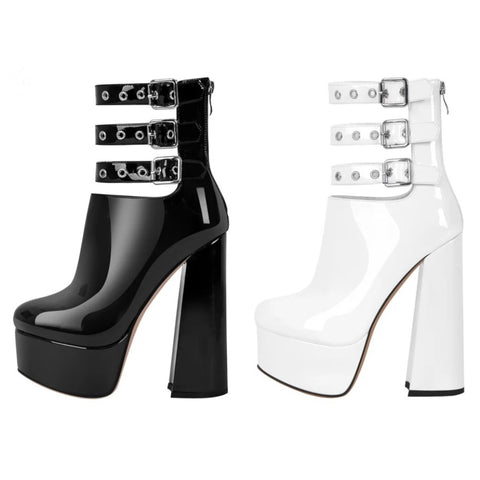 Women Platform Patent Leather Fashion Buckled Ankle Boots