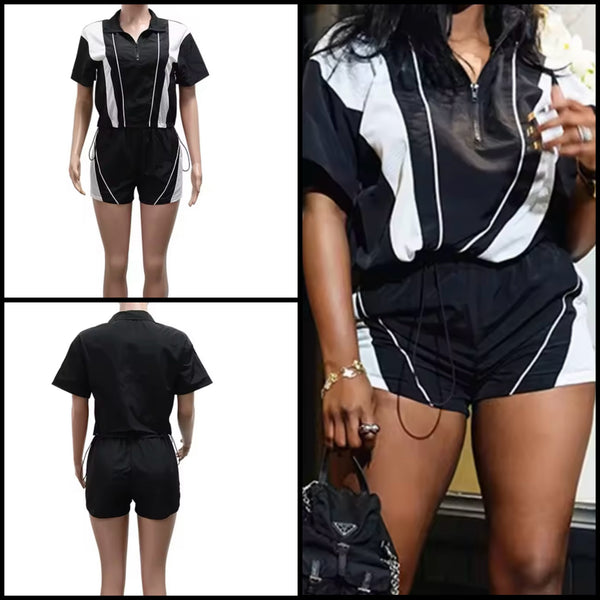Women Fashion Zip Up Striped Short Sleeve Tracksuit Two Piece Short Set