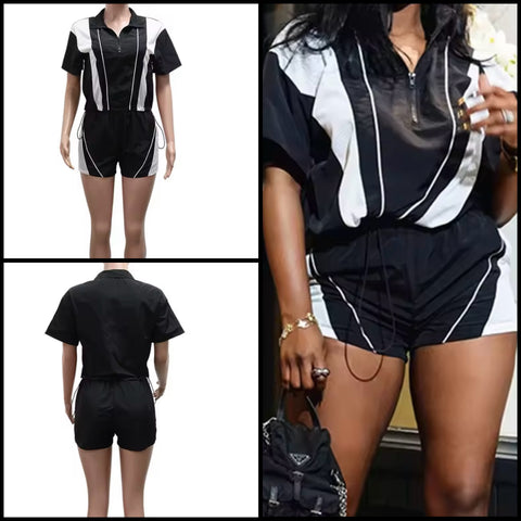 Women Fashion Zip Up Striped Short Sleeve Tracksuit Two Piece Short Set