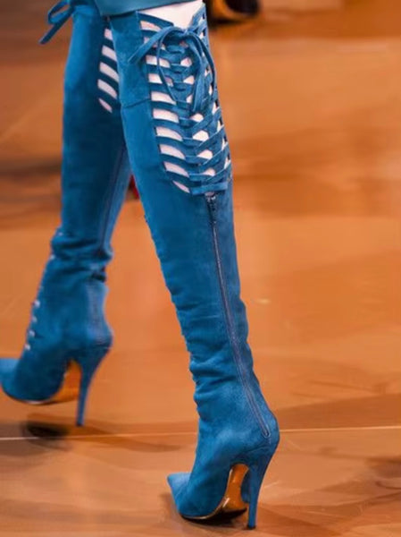 Women Color Fashion Pointed Toe Tie Up Suede Knee High Boots